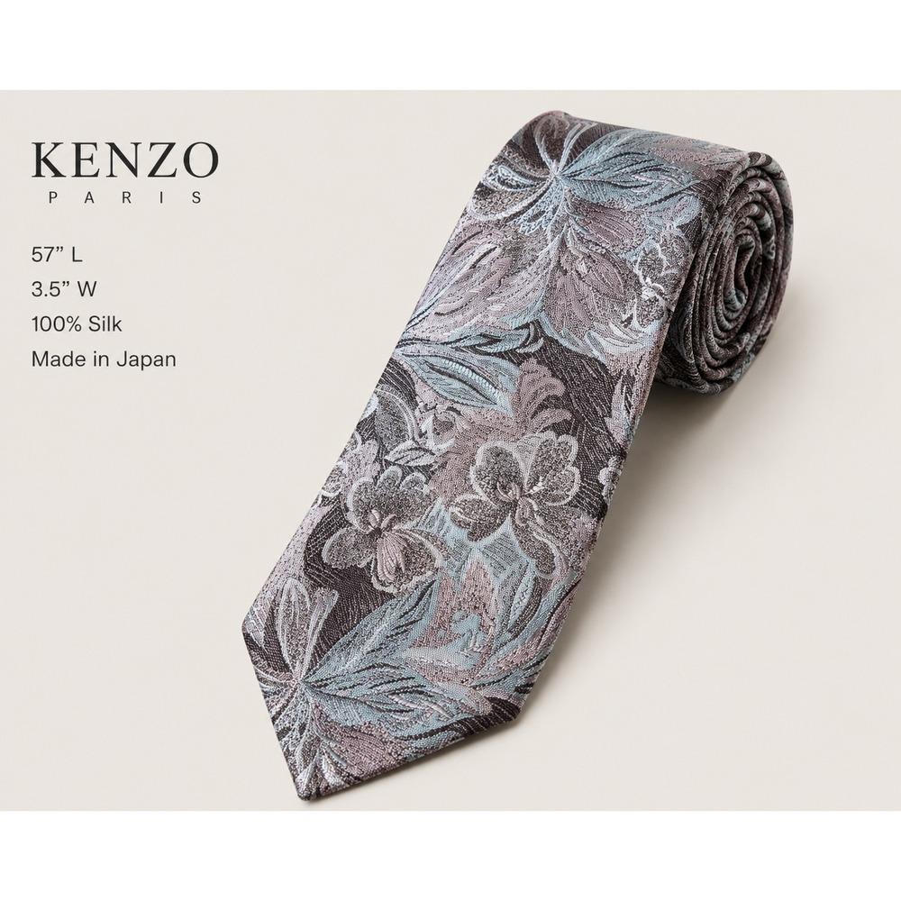 Kenzo Paris Silk Floral Jacquard Necktie Woven Japan Made 57"L, 3.5"W